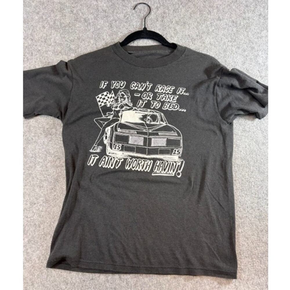 VTG 70s Racing Novelty Graphic Tshirt Mens Medium Black Faded Biker Car Grunge